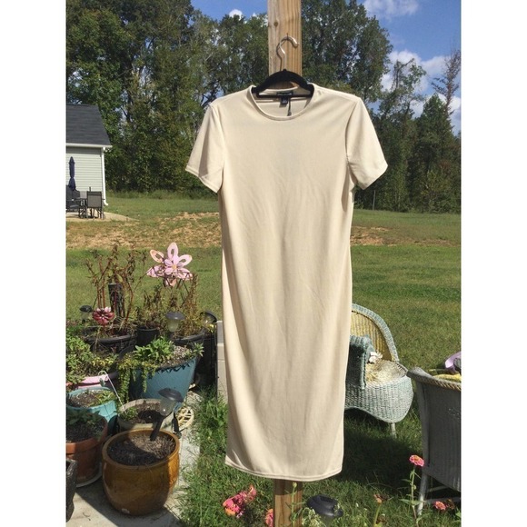 Pretty little thing ribbed crew neck midi stretch dress size 10 NEW cream beige - Picture 1 of 11